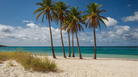 Coconut palm trees on white sand beach in Cayo Largo, Cubaの写真素材