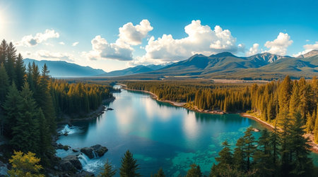 Panoramic view of the turquoise lake in the mountainsの写真素材