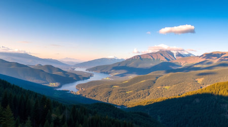 Mountains and lake in the morning light. Carpathians, Ukraineの写真素材