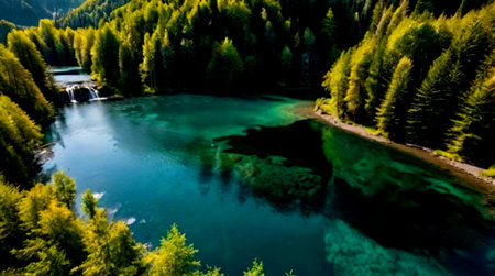 Aerial view of beautiful turquoise lake and forest in Alpsの写真素材