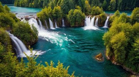 Panoramic aerial view of waterfall in Plitvice Lakes National Park, Croatia