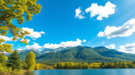 Mountain landscape with lake, forest and blue sky with clouds.
