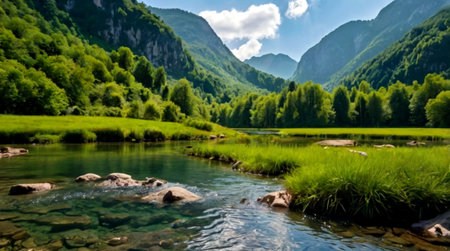 Panorama of the mountain river in the mountains. Beautiful summer landscape.の写真素材