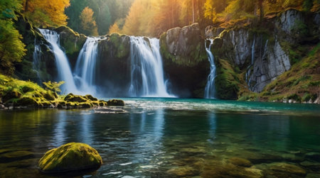 Beautiful waterfall in the autumn forest. Landscape with a waterfall in the mountains.