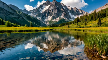 Panoramic view of the beautiful mountain lake with reflection in the water