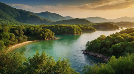 Landscape of the river and mountains at sunset. Beautiful summer landscape.の写真素材