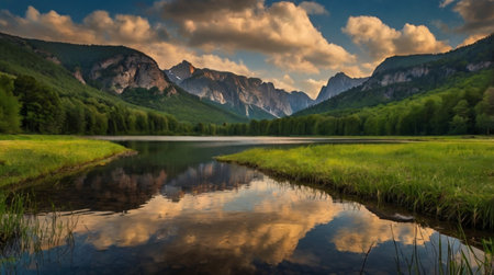 Beautiful mountain landscape with lake and forest at sunrise. Nature background
