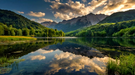 Reflection of mountains and clouds in the lake. Beautiful summer landscape.