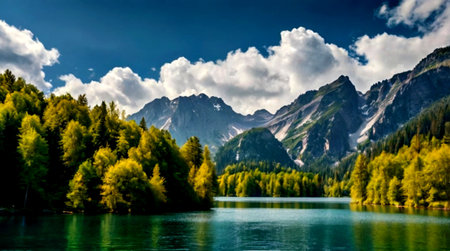 Beautiful alpine landscape with lake and mountains in the background.