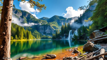 Beautiful view of alpine lake with waterfall in the mountains.