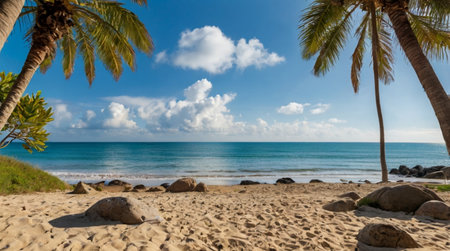 Beautiful tropical beach with palm trees and blue sky. Panoramaの写真素材