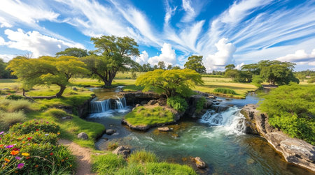 Panoramic view of waterfall in national park, Kenyaの写真素材