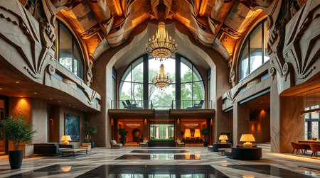 Luxury hotel lobby interior with wooden ceiling and arched ceiling