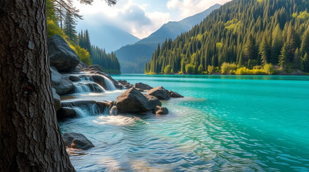 Mountain lake with clear turquoise water surrounded by green forest at sunsetの写真素材