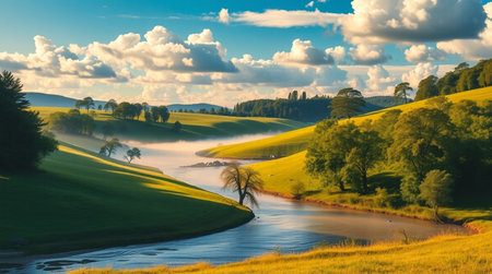 Beautiful summer landscape with meadow and river in morning light.