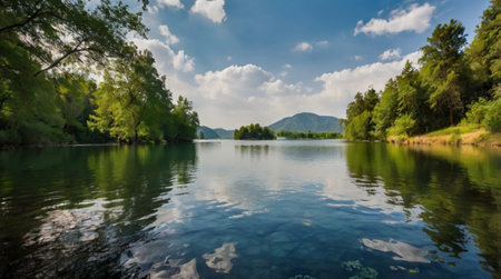 landscape view of a beautiful lake in the forest on a sunny dayの写真素材