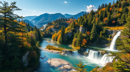 Autumn landscape with colorful forest and waterfall in Jiuzhaigou, Chinaの写真素材