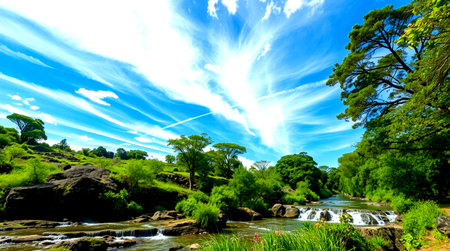 Beautiful landscape of river in the forest with blue sky and white clouds