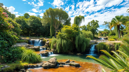 Waterfall in the park with green plants and trees on a sunny dayの写真素材