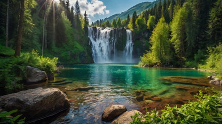 Panoramic view of the waterfall in the mountains. Beautiful summer landscape.