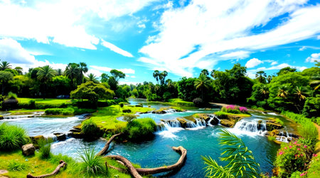 Waterfall in tropical forest. Panoramic view of beautiful waterfall in jungle.の写真素材