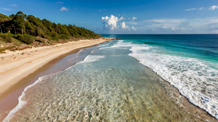 Panoramic view of the sandy beach and turquoise seaの写真素材