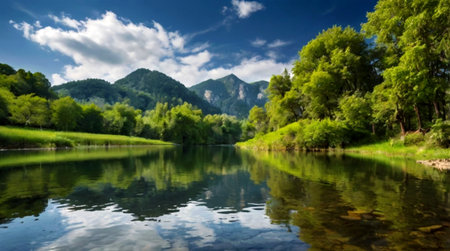 Landscape of the river and mountains in the background. Summer landscape