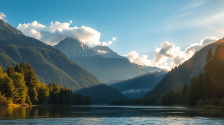 Mountain lake at sunset. Landscape of mountains and lake.