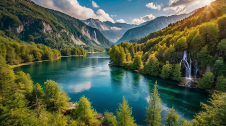 Panoramic view of the beautiful emerald water of a lake with surrounding mountains and forestの写真素材