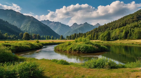 panoramic view of a mountain river in the summer, Russiaの写真素材