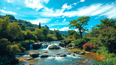 Waterfall in the mountains. Panoramic view of the mountain river.の写真素材