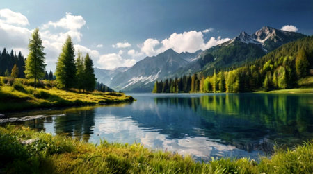 Panoramic view of alpine lake in the mountains. Summer landscape.の写真素材