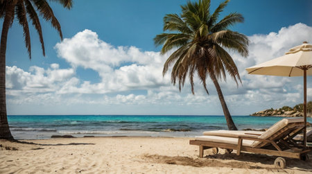 Paradise beach with sun loungers and palm trees on a sunny day