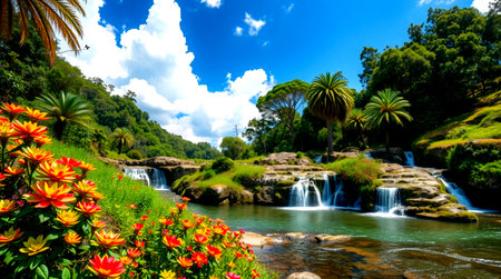 Beautiful waterfall in the tropical forest. Landscape with waterfall and colorful flowers.の写真素材