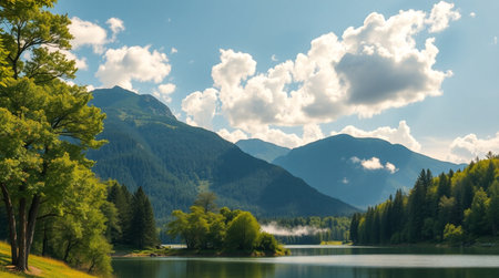 panoramic view of the mountain lake in the middle of the forestの写真素材