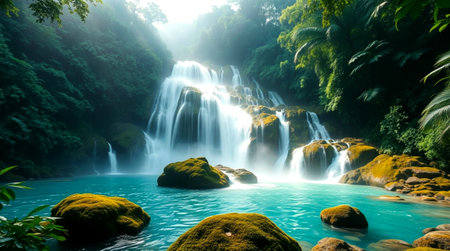 Waterfall in deep forest at Erawan National Park, Kanchanaburi, Thailandの写真素材