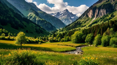 Landscape in the Swiss Alps with a small river and mountains in the backgroundの写真素材