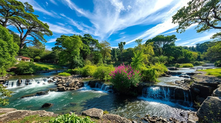 Panoramic view of a small waterfall in the middle of a lush green forestの写真素材