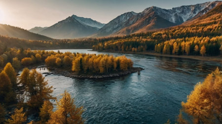 Aerial view of the mountain river in autumn. Russia, Siberia, Altai mountains.の写真素材