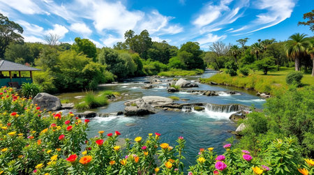 Waterfall in the park with flowers and trees on a sunny dayの写真素材