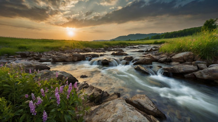 Long exposure of a mountain river flowing through a green meadow with flowers under a cloudy skyの写真素材