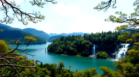 Waterfall in the mountains. Beautiful landscape of the lake and forest.の写真素材