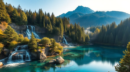 Beautiful mountain lake with turquoise water and pine forest at sunrise.