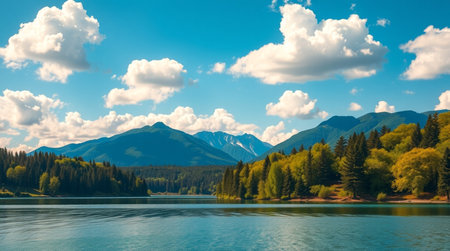 Panoramic view of the lake and mountains in the background.