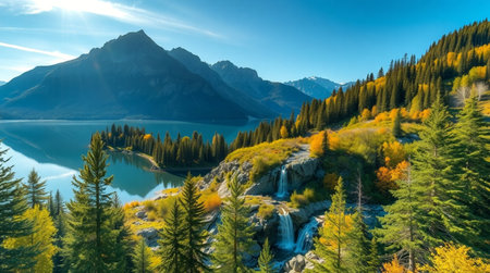 Panoramic view of autumn alpine lake and mountain range.の写真素材