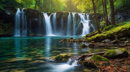 Beautiful waterfall in the forest with clear water and green grass.の写真素材