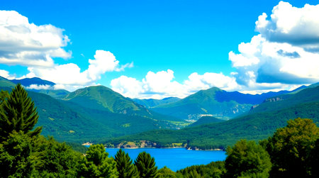 landscape of the lake and mountains under the blue sky with cloudsの写真素材