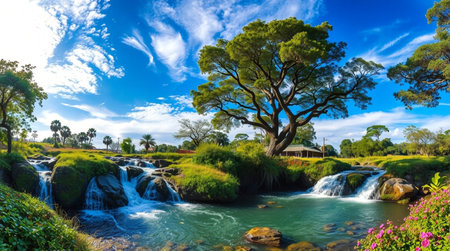 Beautiful landscape with a big tree in the foreground and a waterfall in the backgroundの写真素材
