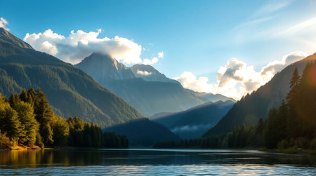 panoramic view of the mountain lake in the morning
