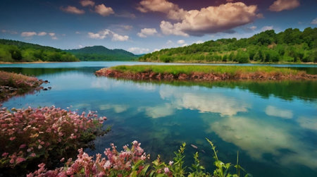 Landscape view of a lake in the mountains. Nature composition.の写真素材